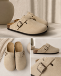 Suede Buckle Clogs – Beige