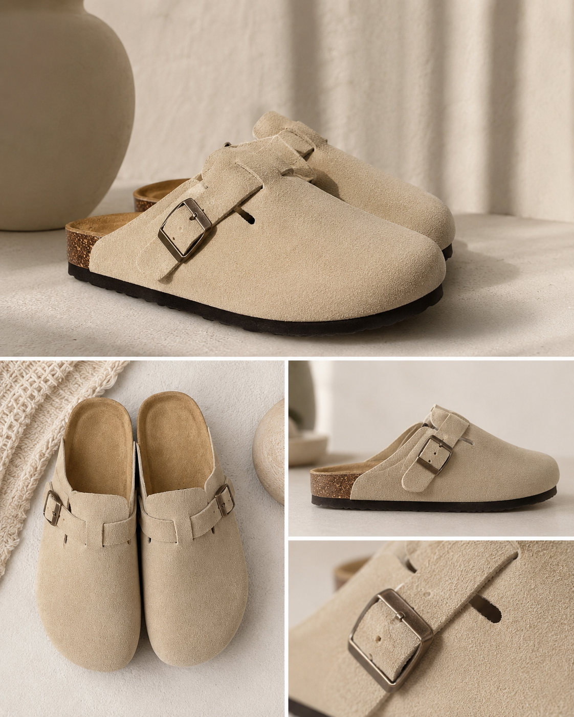 Suede Buckle Clogs – Beige