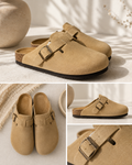 Suede Buckle Clogs – Camel