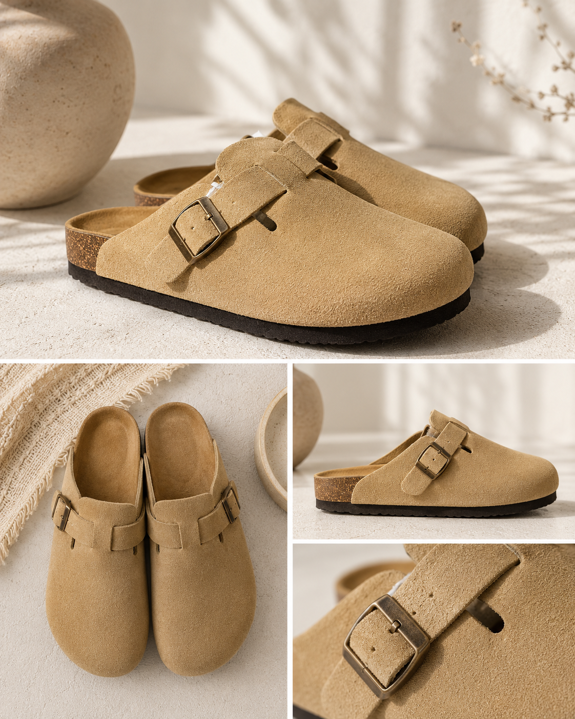 Suede Buckle Clogs – Camel